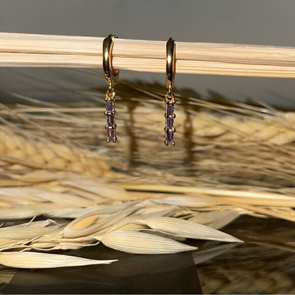 Gold Plated Dangle Huggie Hoop Earrings Dainty Minimalistic Silver CZ gems - Picture 1 of 4